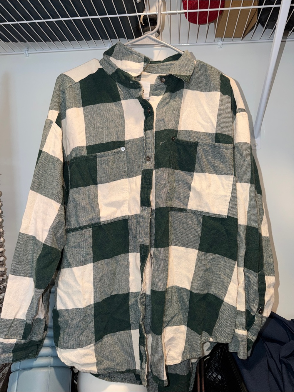 aerie Green and White Buffalo Checker Button-Down Shirt
